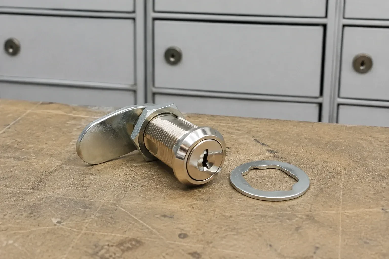 Detached threaded cam lock and mounting washer on a workbench in front of closed mail compartments. — Mailbox Lock Replacement, Haldimand County