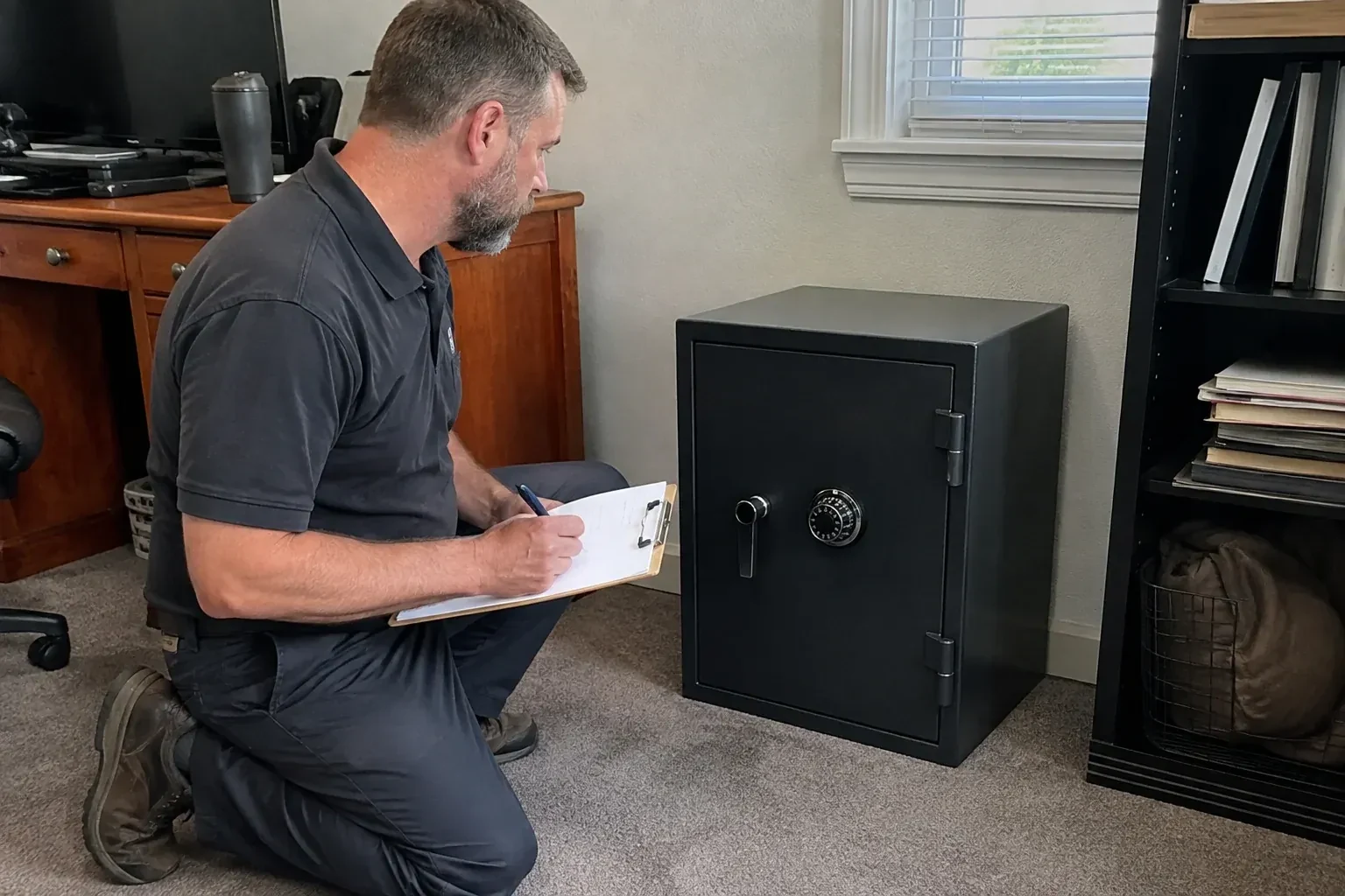 Person writing on a clipboard while kneeling beside a closed black safe with a numbered combination dial in a home office. — Safe Opening & Combination Change, Haldimand County