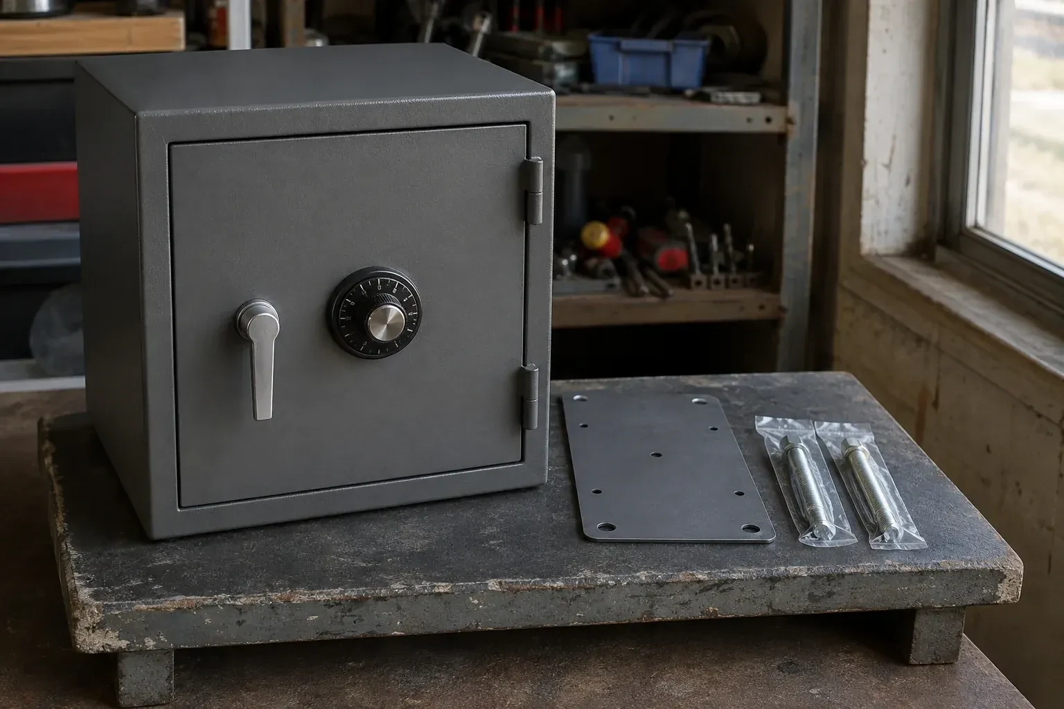 Closed small safe beside a metal plate and packaged fasteners on a workshop bench. — Safe Installation & Servicing, Haldimand County