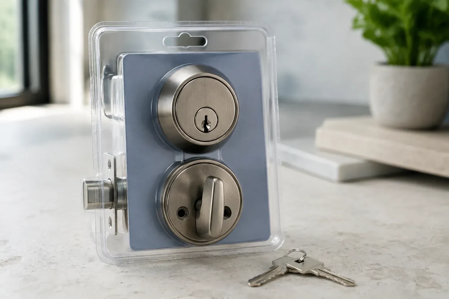A silver-colored deadbolt set in clear packaging with two keys resting on the countertop in front. — Lock Rekeying, Haldimand County