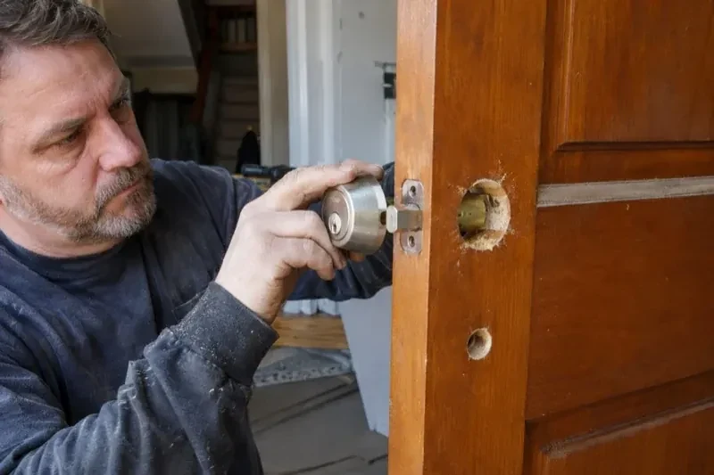 Person holding a silver-colored lock beside an open wooden door with exposed circular holes and a latch at its edge. — Deadbolt Installation, Haldimand County