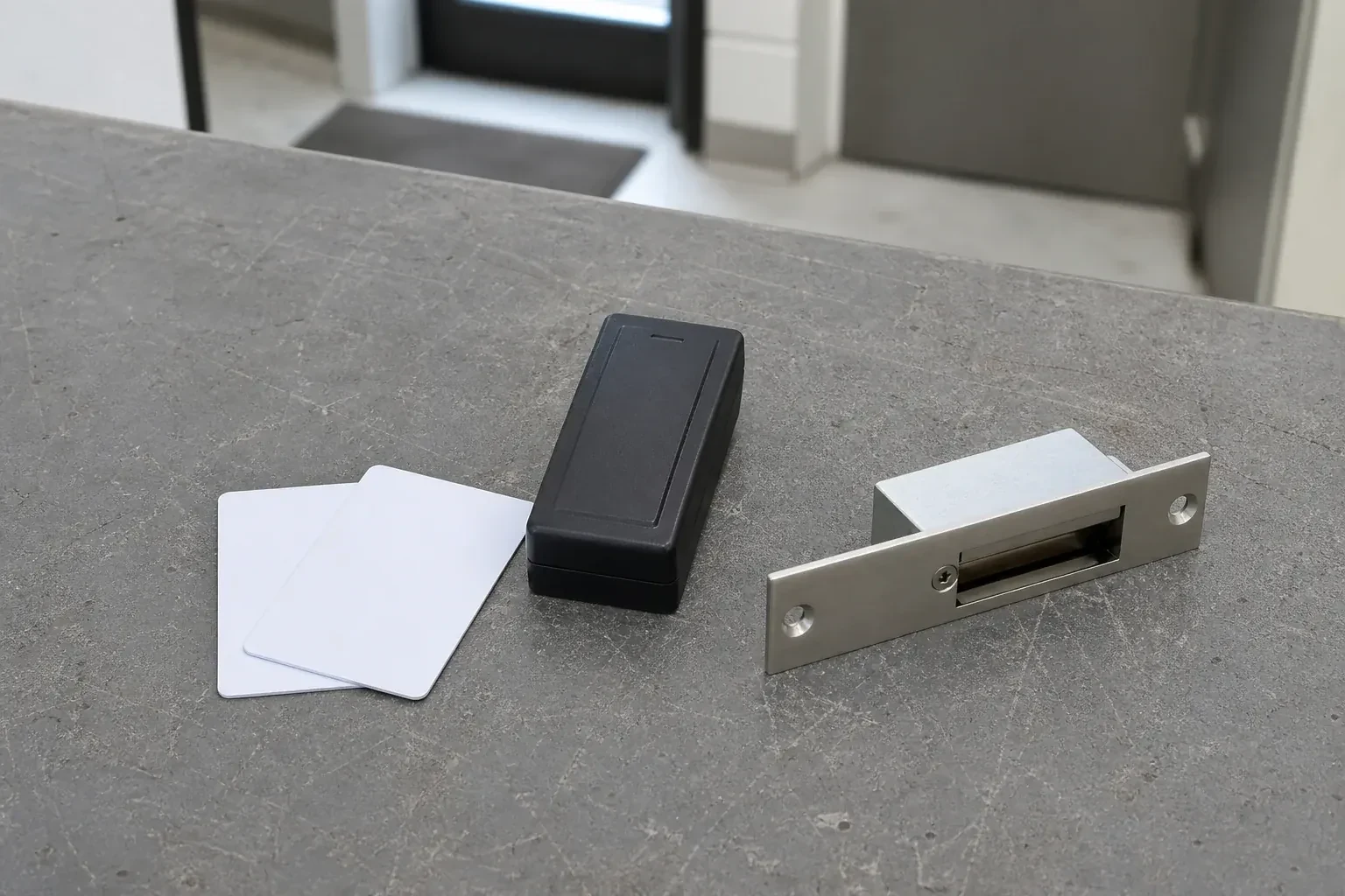 Detached card reader, two plain cards and an electric-strike component on a service bench. — Access Control Installation, Haldimand County