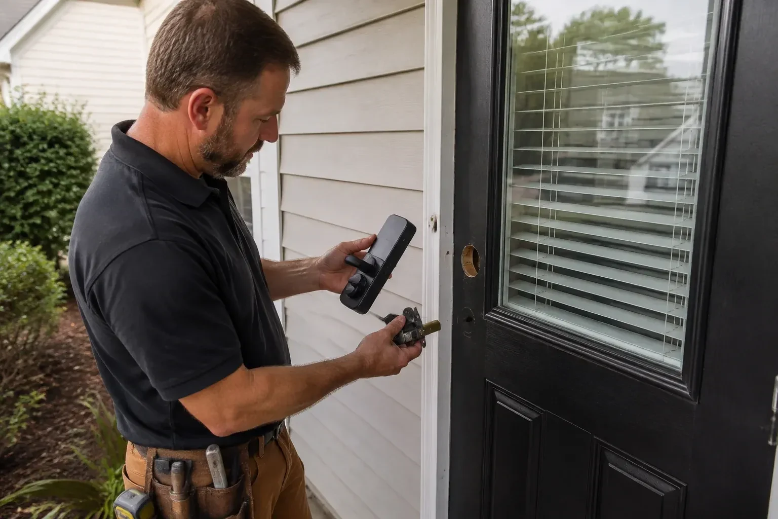 Person holding a black door-handle assembly and a latch beside a glazed door with exposed lock openings. — Smart Lock Installation, Haldimand County