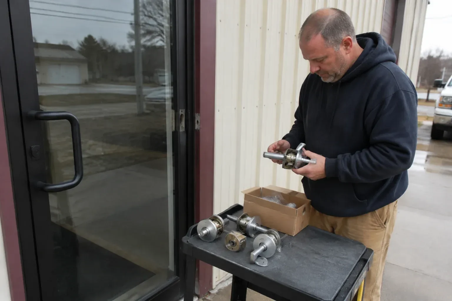 Person holding a door-handle assembly beside a glazed entrance, with more handle and lock components on a cart. — Commercial-Grade Lock Replacement, Haldimand County