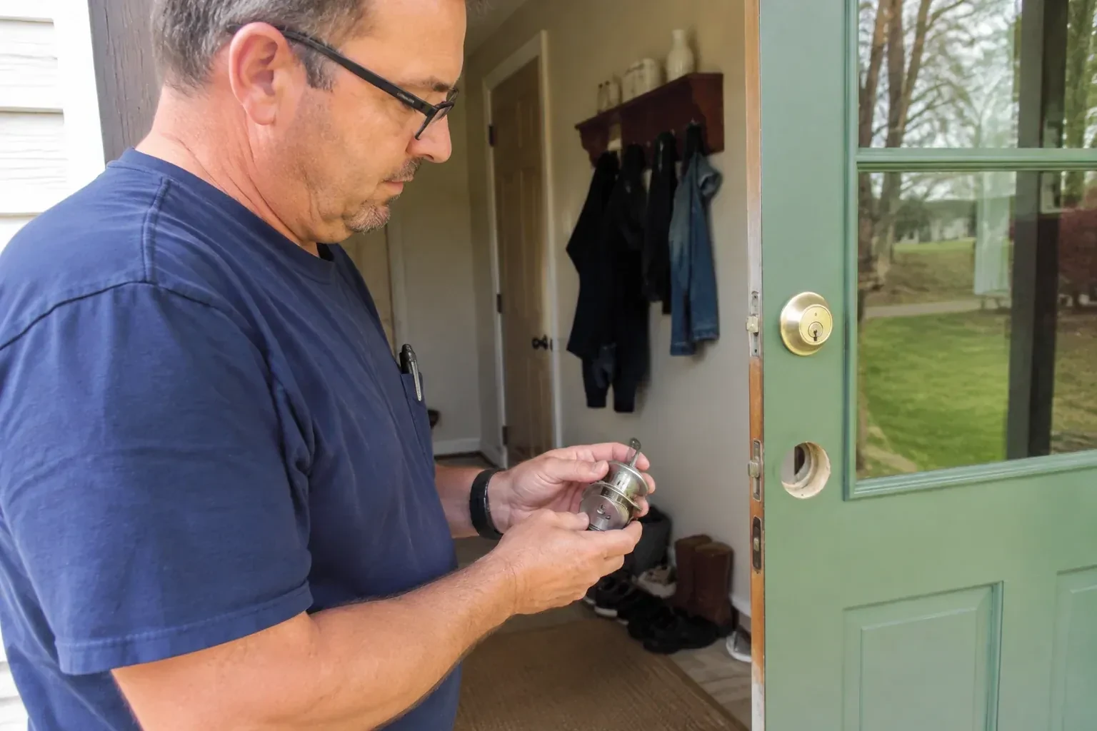 Person holding a cylindrical door-lock assembly beside an open green glazed door with its lower lock opening exposed. — Seized & Jammed Lock Opening, Haldimand County
