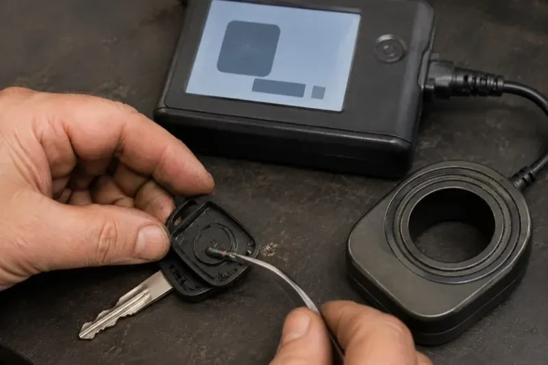 Hands using tweezers at an opened car-key head beside a small electronic unit and a ring-shaped accessory. — Transponder Key Programming, Haldimand County