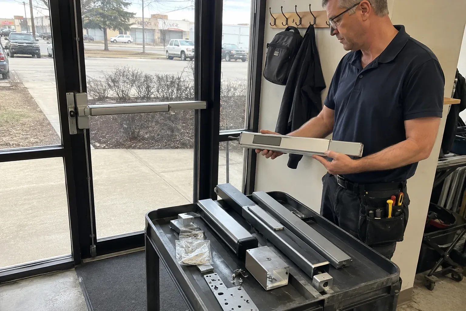 Person holding a long metal door-hardware assembly beside a cart of similar parts and a glass door fitted with a push bar. — Panic & Exit Hardware, Haldimand County