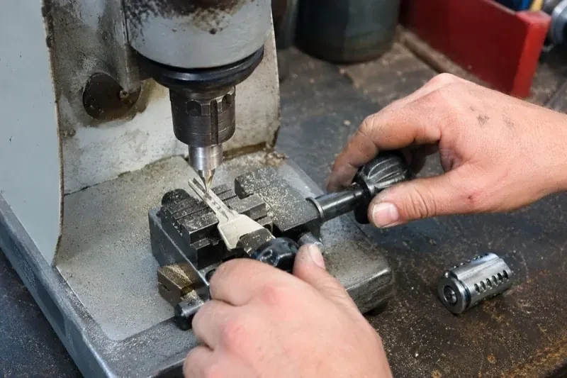 Hands operating a bench-mounted machine with a key clamped beneath a vertical cutter and a loose lock cylinder nearby. — Car Key Replacement, Haldimand County