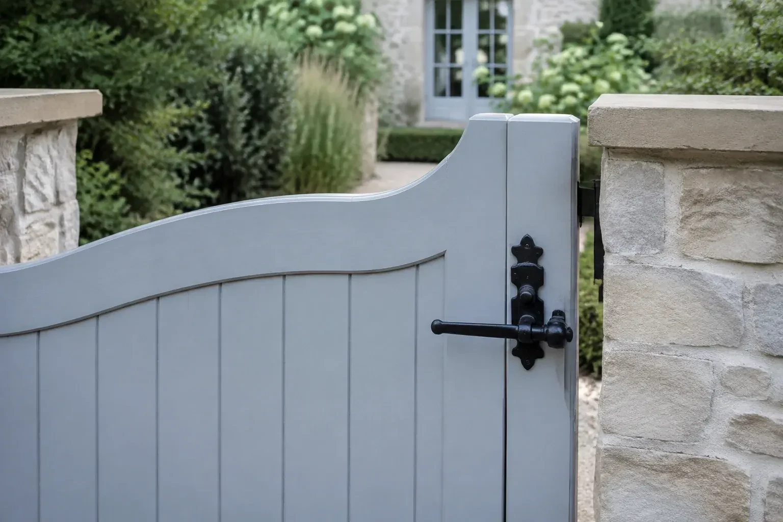 Pale blue garden gate with a black lever latch between light stone pillars. — Gate & Building Entry Locks, Haldimand County