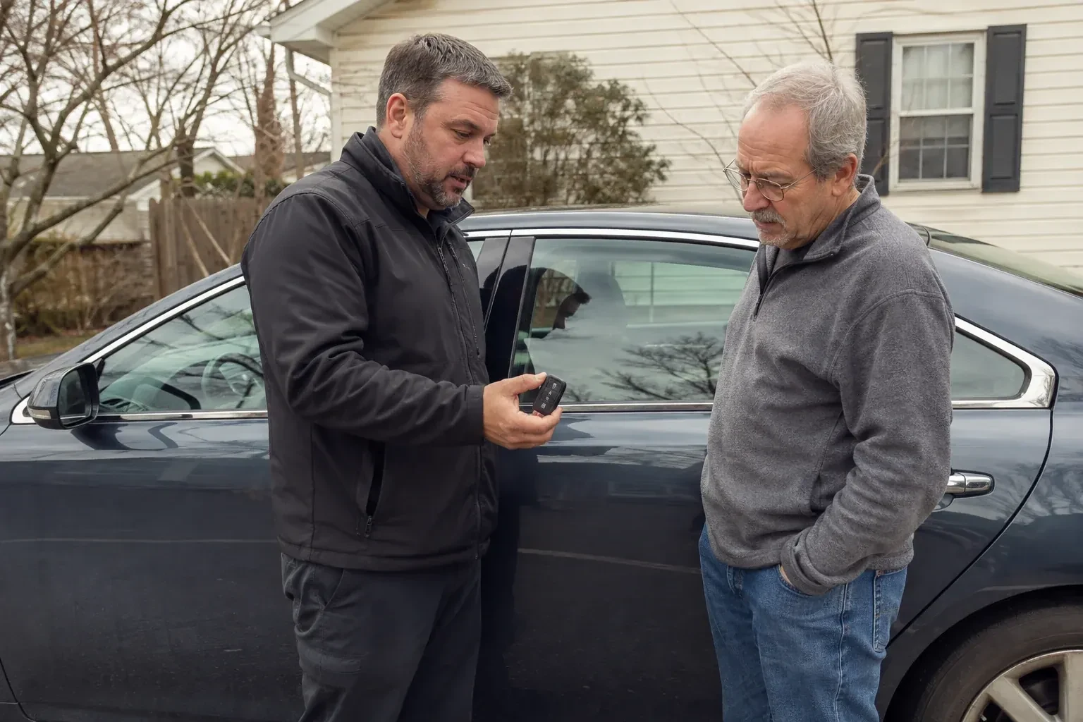 Two people beside a dark sedan, one holding up a black key fob. — Car Lockout Service, Haldimand County