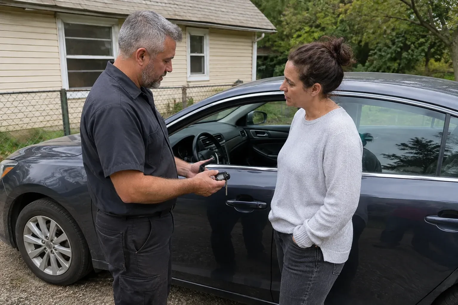 Two people standing beside a car with its window lowered, one holding a key and black key fob. — Ignition Lock Repair, Haldimand County