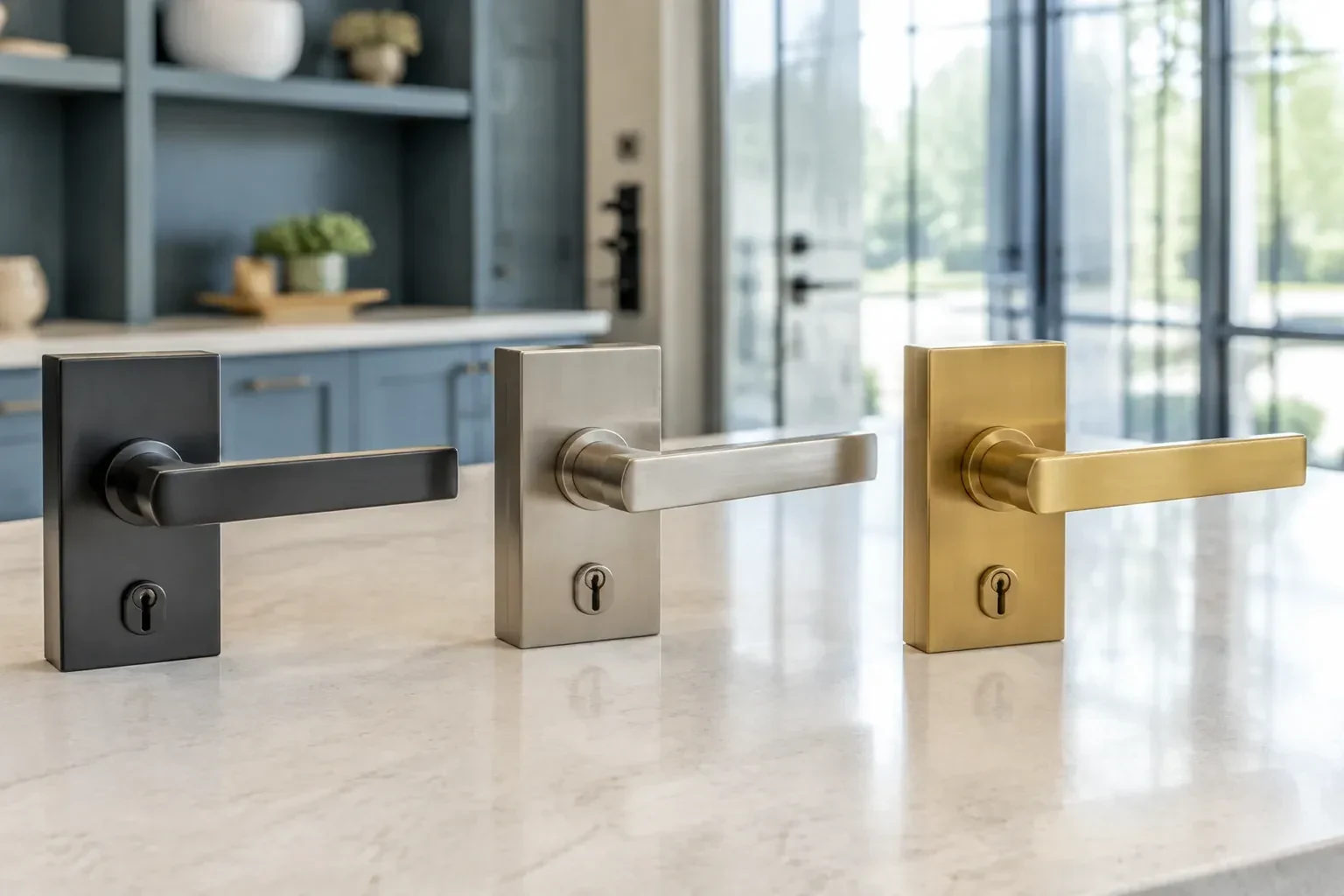 Three rectangular door-handle sets with keyholes in black, silver-colored and gold-colored finishes standing on a countertop. — Commercial Rekeying, Haldimand County
