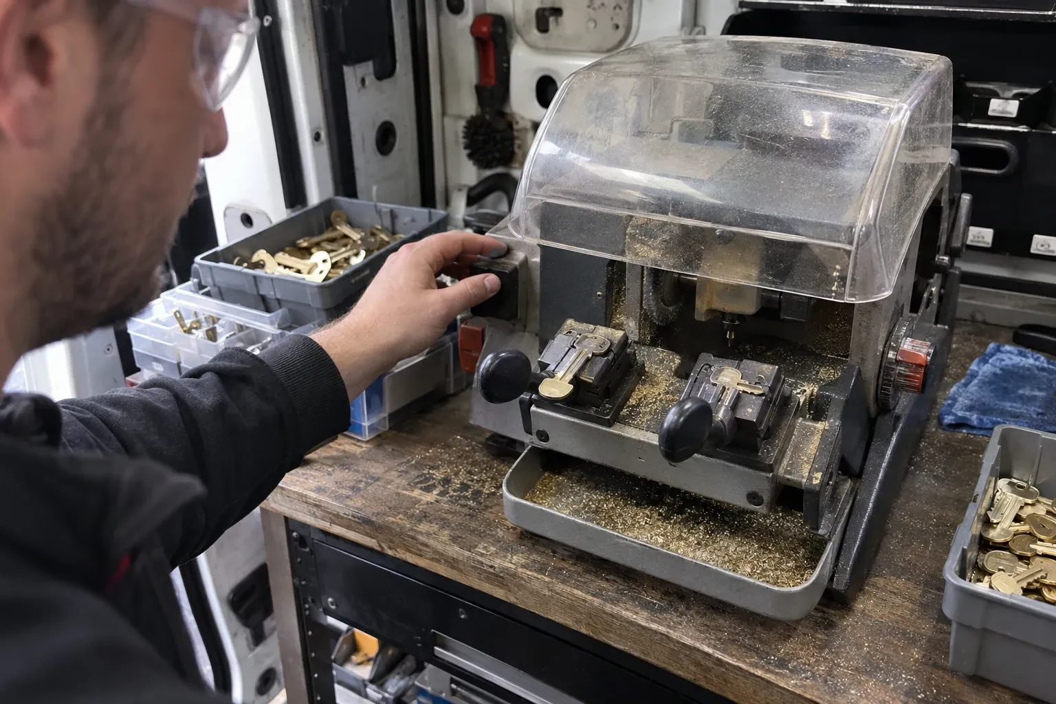 Person in safety glasses reaching for a key-cutting machine with a clear cover, beside trays of brass key blanks. — Spare Car Key Duplication, Haldimand County