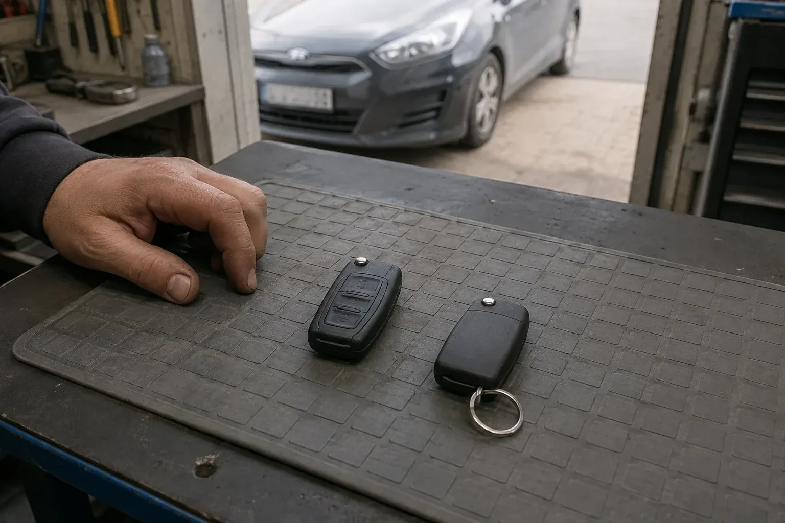 Two vehicle remote fobs on a work mat beside a technician’s hand, with a parked car beyond. — Key Fob Programming, Haldimand County